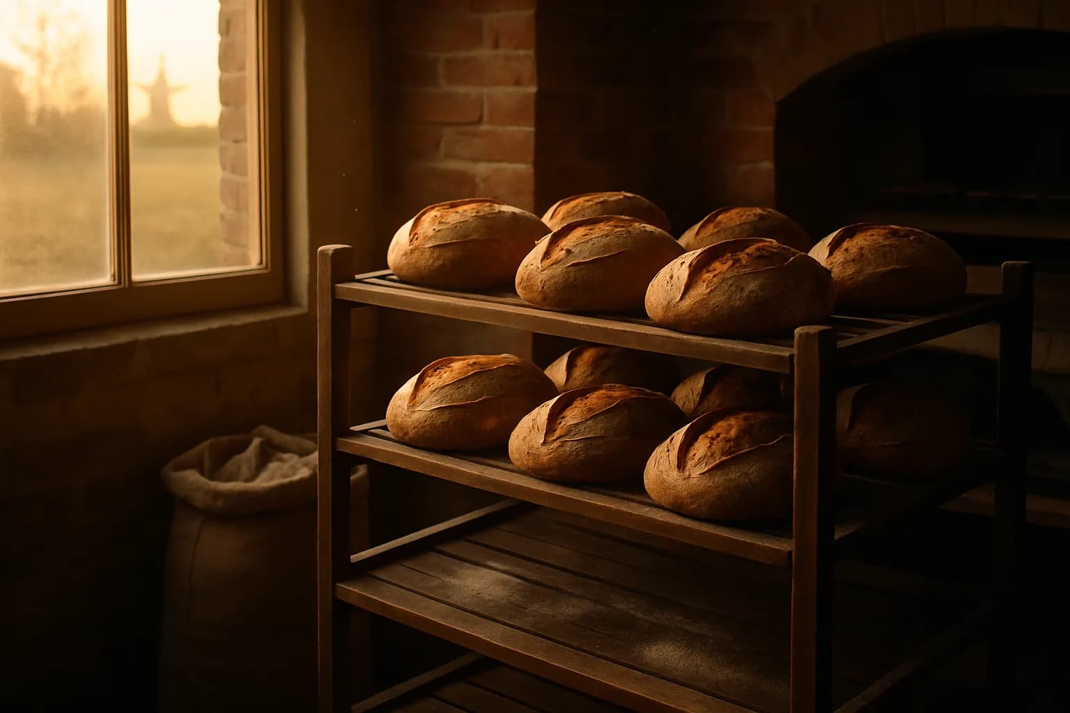 Versgebakken desembroden op een houten rek in de bakkerij